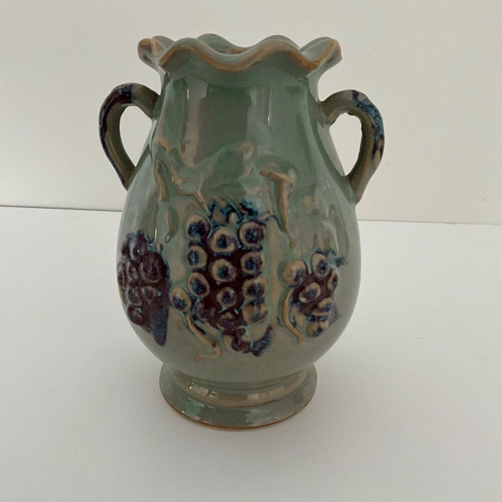 POTTERY RAISED GRAPE DOUBLE FLUTED VASE ~ Marked with Sunrise ~ 7" Tall
